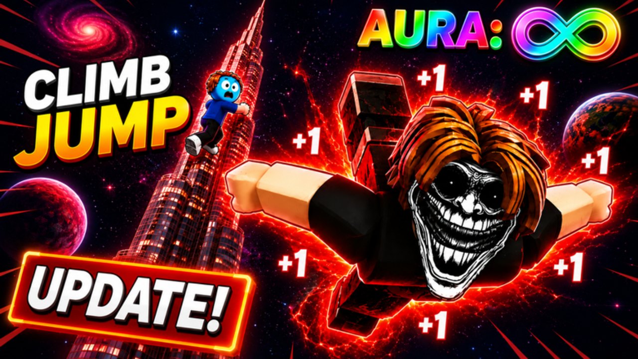Aura Climb Tower promotional shot of a climber leaping off a skyscraper with infinite Aura and plus-one bursts