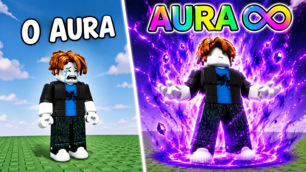 Aura Climb Tower comparison of a zero-Aura avatar versus a character wrapped in infinite purple Aura
